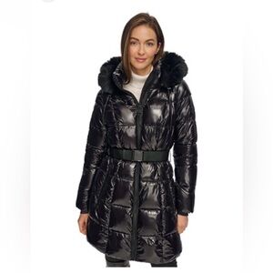 DKNY Shiny Black Puffer Jacket with Faux Fur Hood